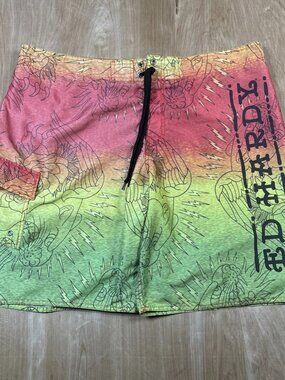 Ed Hardy Red Yellow Green Lightening Tiger Boardshorts Swim Trunks XL (42x9.5)